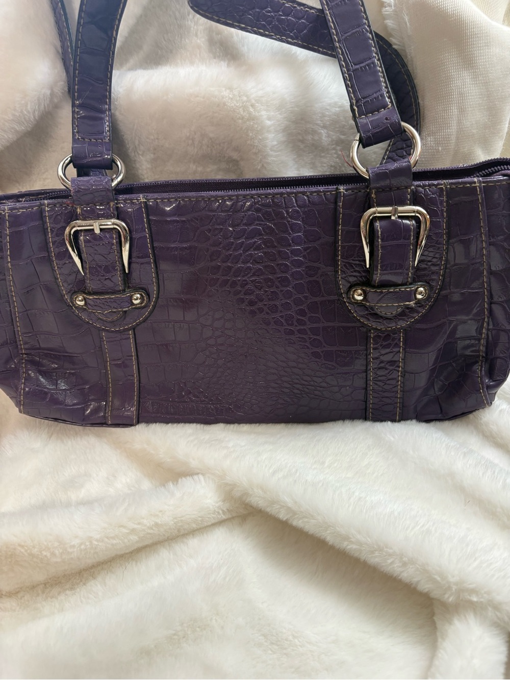 VINTAGE Y2K Classic Faux-Croc Satchel -Shoulder Bag Purple Silver Accents. Roomy